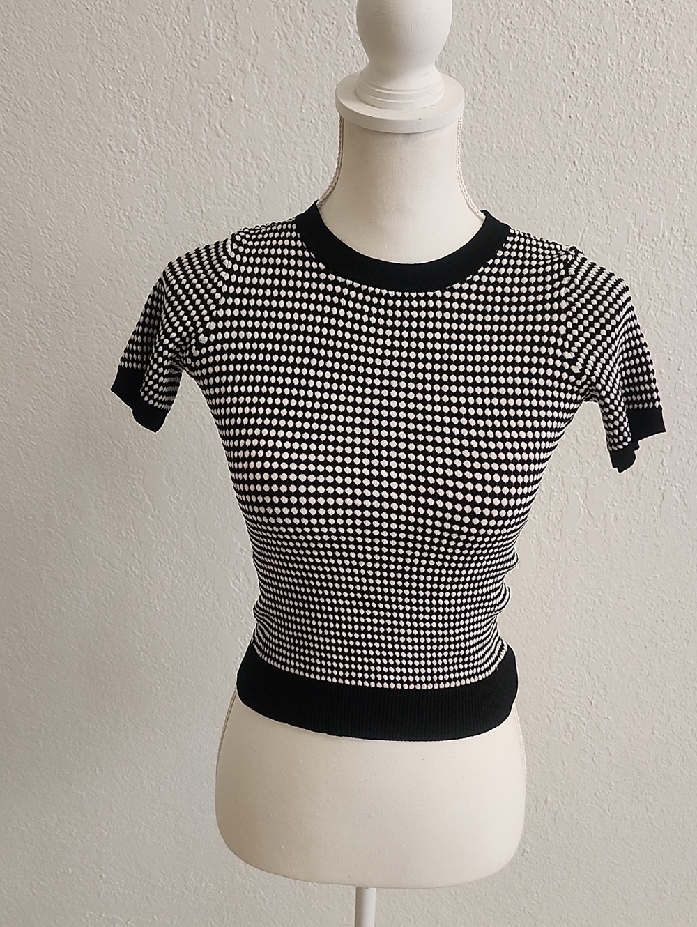 Zara Black and White Dot-Print Short Sleeve Knit Top